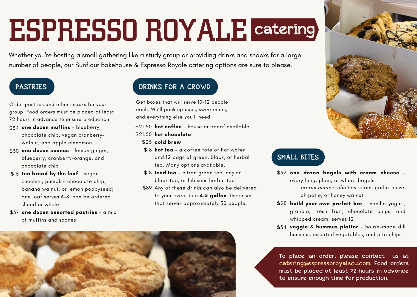 Espresso Royale catering menu, showing pastry, bulk beverage, and snack plate prices